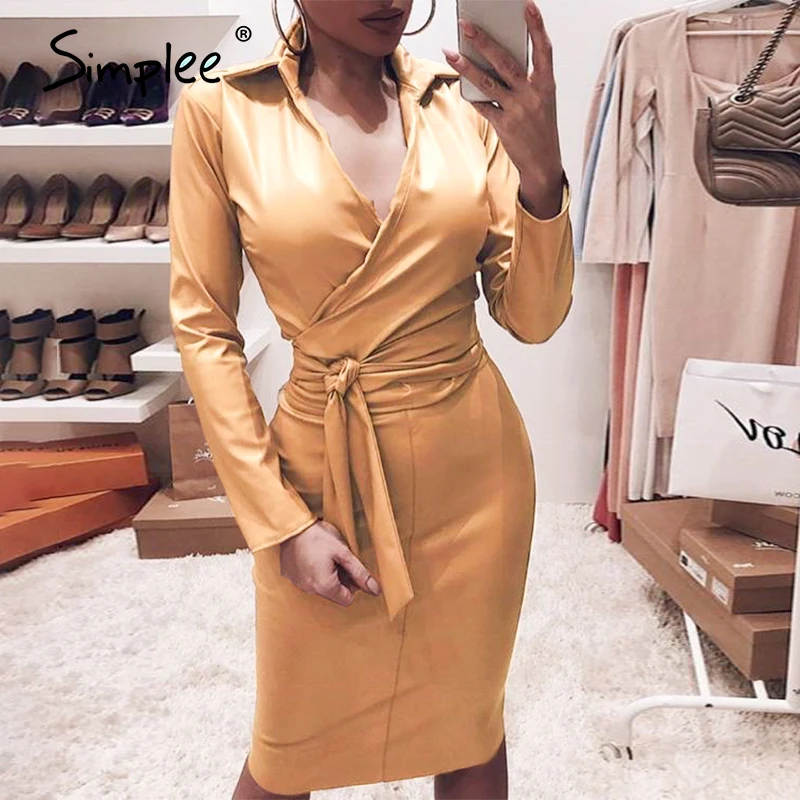 Женское облегающее платье из искусственной кожи с v-образным вырезом и высокой