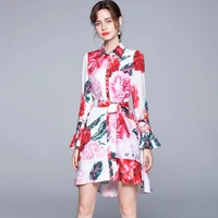 zuoman women spring elegant floral dress shirt female high quality party robe femme vintage flare sleeve designer vestidos