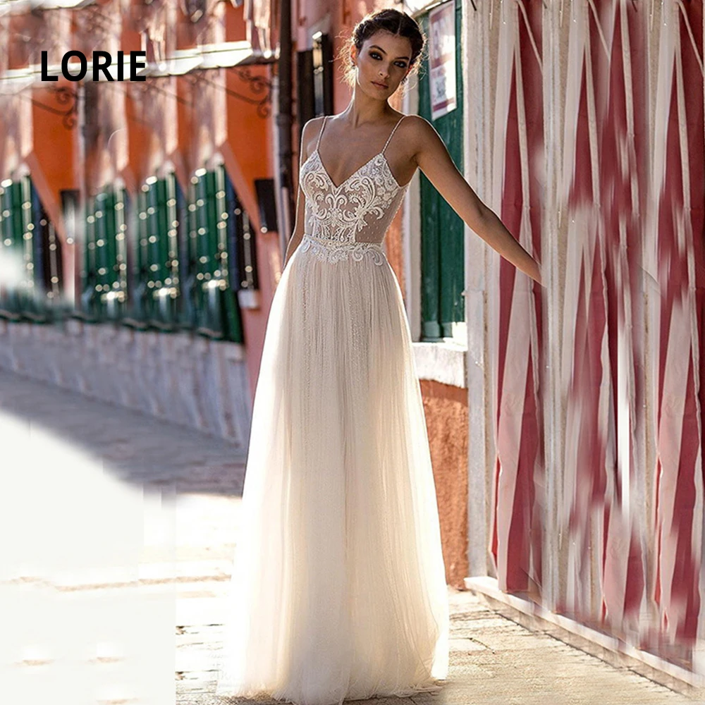 Пляжные свадебные платья LORIE 2020 Boho с кружевной аппликацией мягкие фатиновые