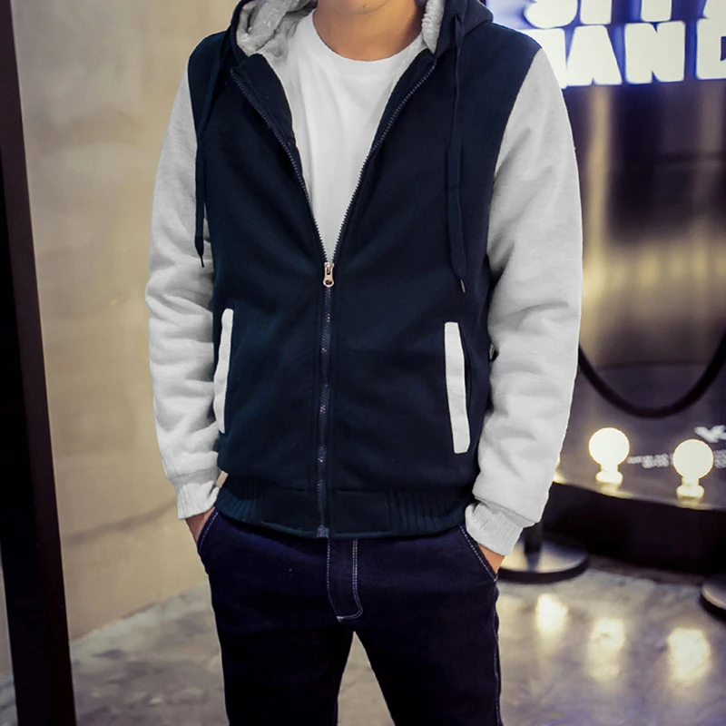 

Men's Baseball Hoodies Autumn Male Zipper Patchwork Casual Skateboard Hoodies Winter Keeep Warm Hooded Long Sleeves Coat
