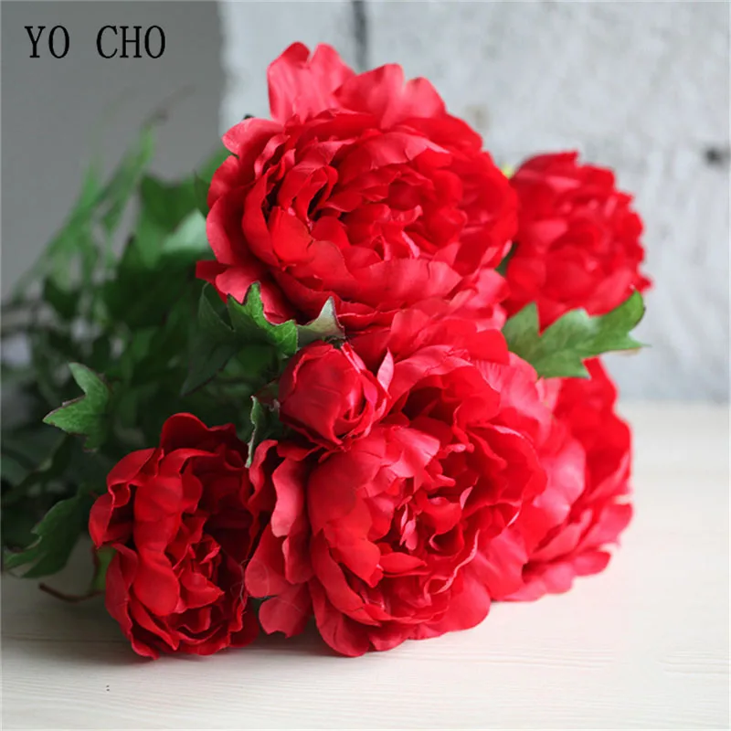 

YO CHO 6 Heads Big Silk Peonies Artificial Flower Bouquet Fake Flores for Wedding Table Home Indoor DIY Decoration Fake Flowers