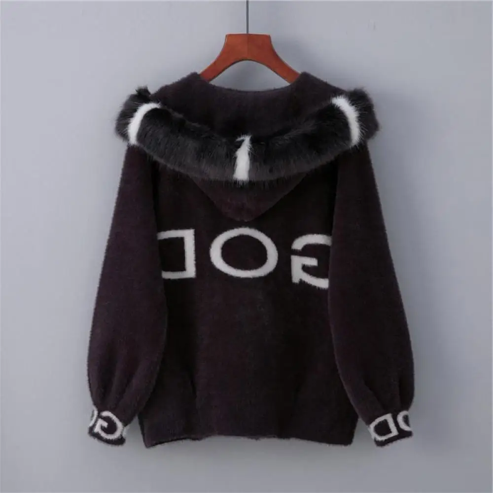 2022 Fall Faux Mink Fur Coat Loose Velvet Long-Sleeved Hooded Coat Collar Warm Winter Thickened Fleece Sweater Women's Cardigan
