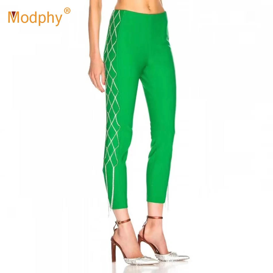 

Модные Женские однотонные черные зеленые брюки-карандаш с талией, сексуальные обтягивающие штаны с кисточками