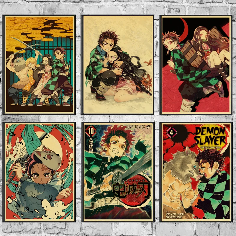 Винтажные постеры демон убийца Kimetsu no Yaiba аниме плакат настенный Арт Ретро плакат живопись украшение для гостиной домашний декор