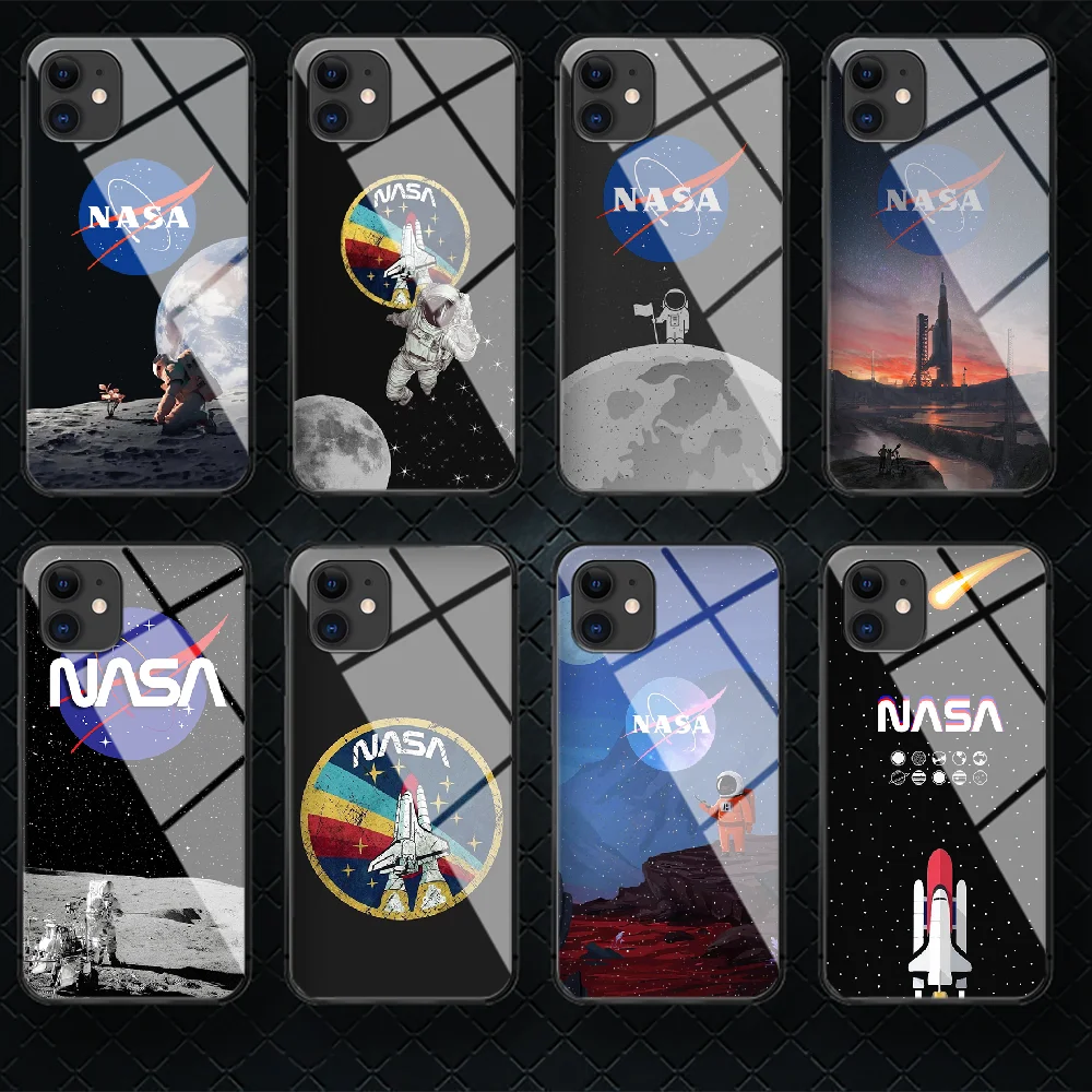 

N-Nasas Space Astronaut Tempered Glass Phone Case Cover For IPhone 5 6 7 8 11 S Plus Xr X Xs Pro Max Mini Se 2020 Black 3D Phone