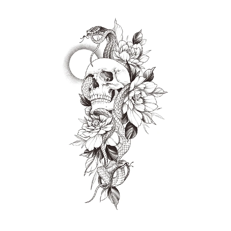 

Temporary Tattoo Stickers Black Rose Flower Snake Moon Skull Design Fake Tattoos Waterproof Tatoos Arm Large Size for Women Girl
