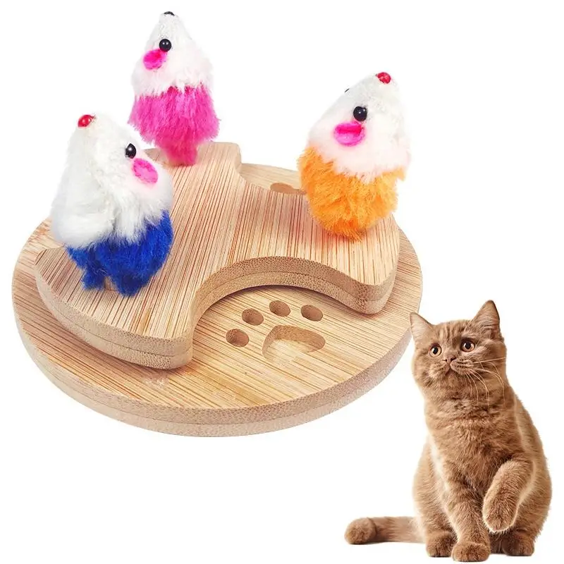 

Interactive Cat Toy Natural Wood Cat Turntable Toy Creative Funny Kitten Teasing Toys Spinner With Lifelike Plush Mice Cats Toys