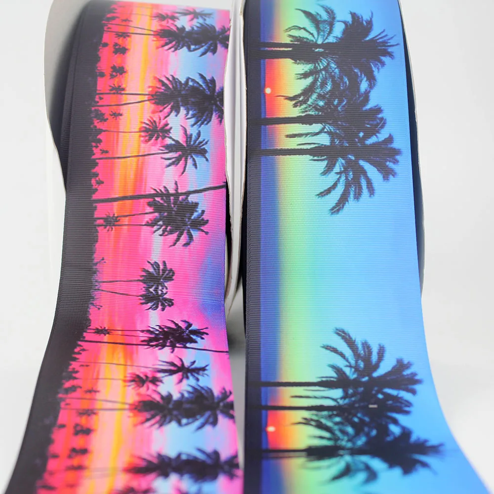 

Blue palm tree printed grosgrain ribbon 9-75mm DIY handmade materials christmas wedding gift wrap tape ribbons