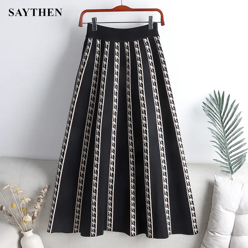 

SAYTHEN Check Striped Houndstooth Knit Autumn And Winter Women New High-Waist Elastic And Large Pleated Pleated Mid-Length Skirt