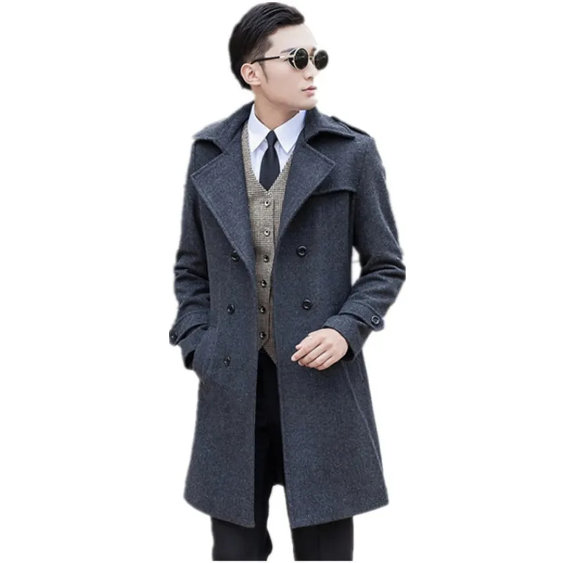 

Plus Size Men Woolen Coat Lapel Double-Breasted Striped Gray Jackets Korean Style Fashion Business Casual Male Autumn Winter
