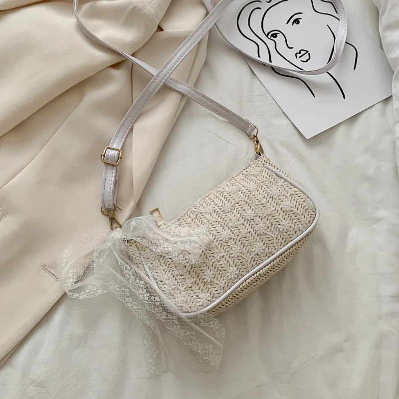 

ABQP White Women's Handbags 2021 Lace Vintage Lady Shoulder Bags Handmade Woven Designer Bags Satchel Female Waist Bag
