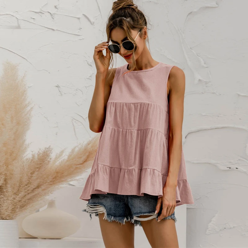 Camiseta sin mangas de cuello redondo para mujer, ropa de costura de sección múltiple, informal, holgada, gran Swing, Top sin mangas 2021