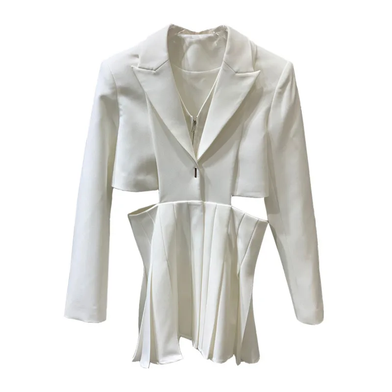 

[DEAT] 2021 Spring And Summer New Detachable White Temperament Suit Pleated Dress Two Piece Suit Women Mall Goth GX1011