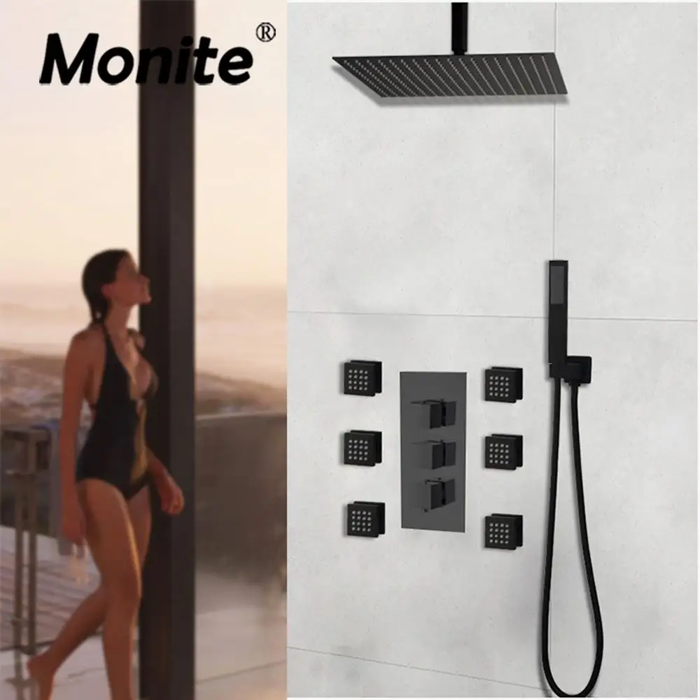 

JIENI матовый черный настенный квадратный Ванная комната Термостатический душ кран комплект твердая латунь дождь светодиодный ванна Насадки...