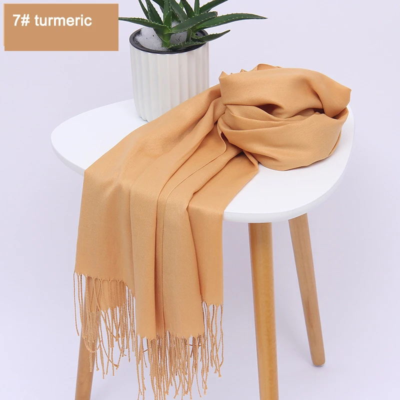 7 Turmeric Женские однотонные хлопковые шарфы с кисточкой женские зимние тонкие весенний шарф летние роскошные женские шали теплые шарфы для женщин - Цвет: 7 Turmeric