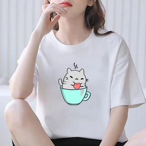 The Great Wave of Aesthetic Cute T Shirts And Cat Cup Theme Printed Summer Tops Female T-Shirt Woman 90s Fashion Graphic Tee