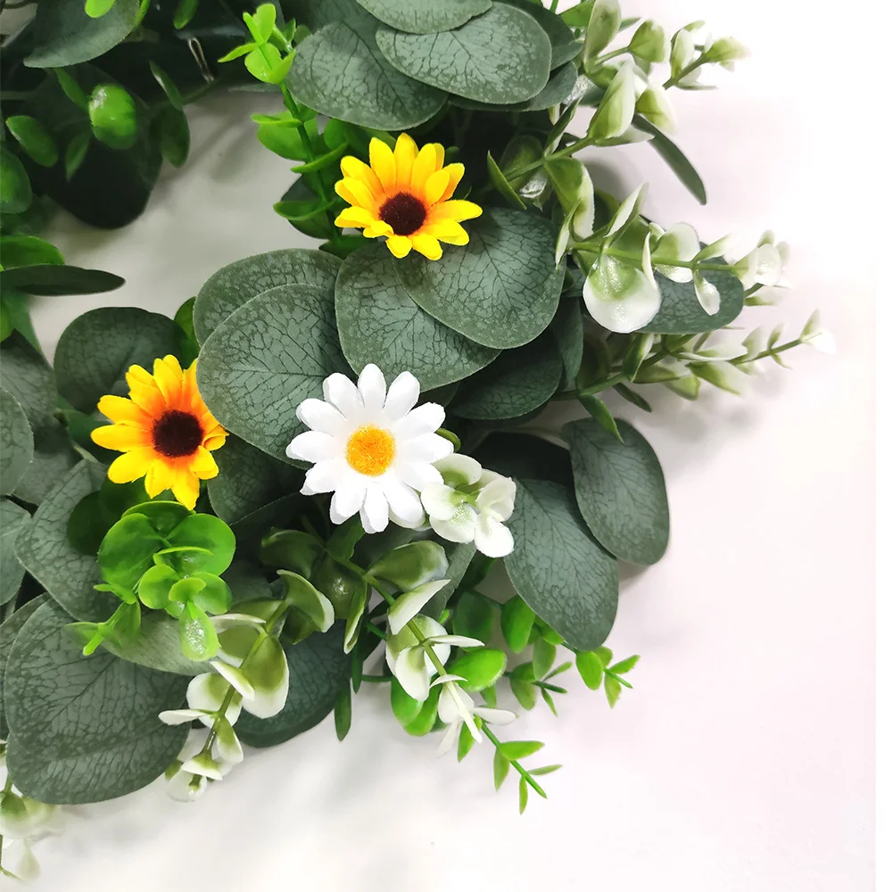 

Sunflower Chrysanthemum Artificial Wreath Green Eucalyptus Leaves Flowers Garland For Home Decoration Window Display