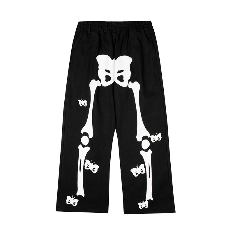 

Butterfly Bones Print Elastic Waist Casual Mens Pants Retro Straight Spliced Vibe Style Hip Hop Loose Trousers Oversized
