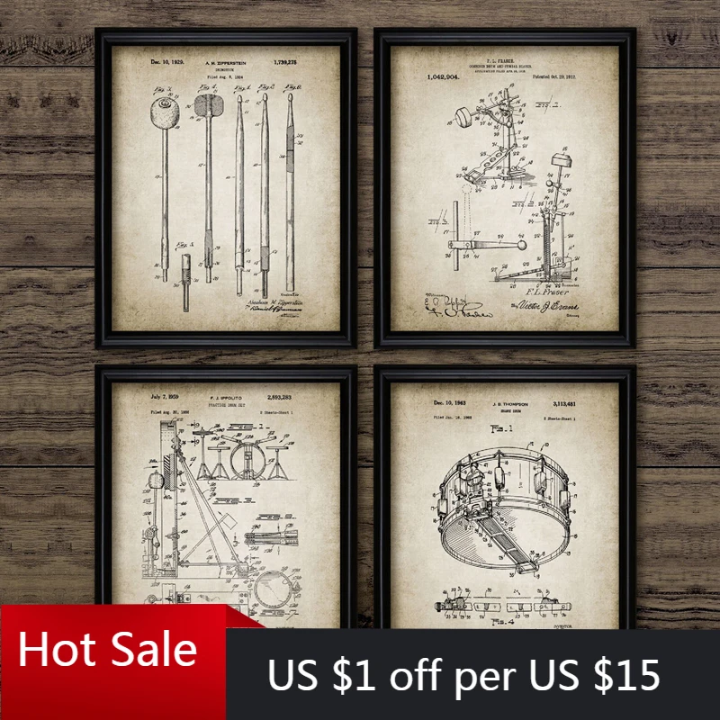 Набор барабанов патентованные винтажные постеры печать барабанная палочка