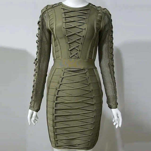 Армейский зеленый Vestido, обтягивающее платье preto das mulheres, новинка, сексуальная мода, комбинированная сетка, перекрещивающаяся повязка, Vestido, длинный рукав - Цвет: Армейский зеленый