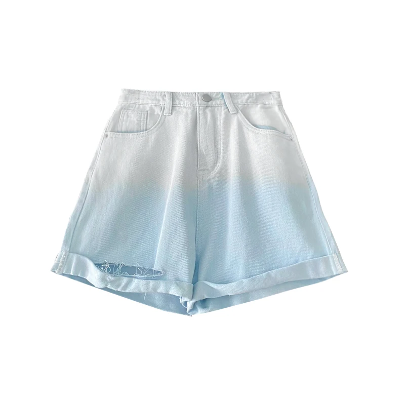 

WOMENGAGA Korean High Street Gradient Do Old Wide Leg Denim Shorts Summer Hole Flanging Loose Women Jeans With Sashes 791Q