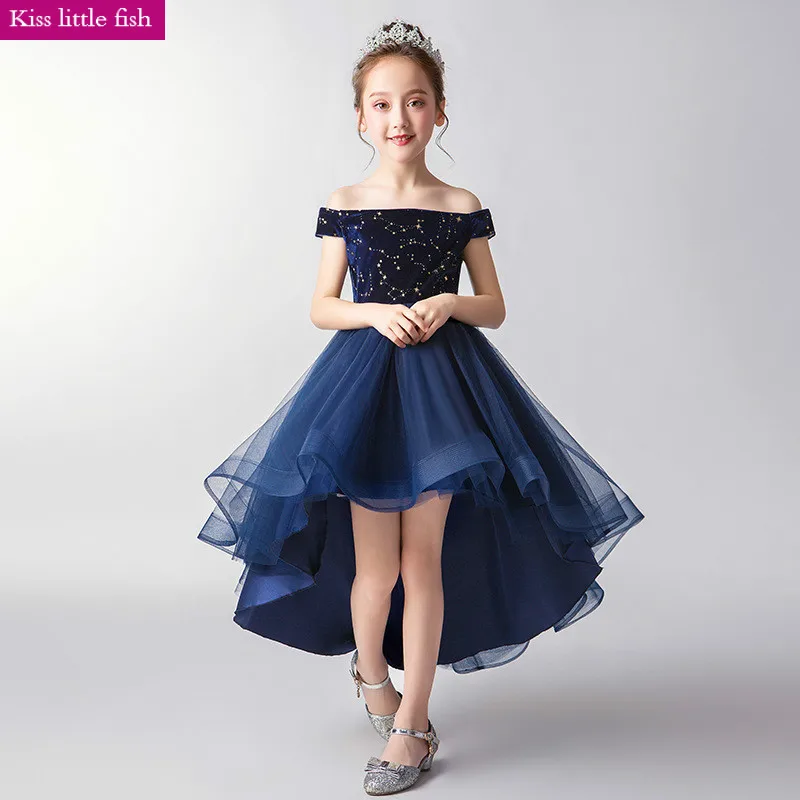 Бесплатная доставка нарядные платья для девочек темно-синее платье с цветами