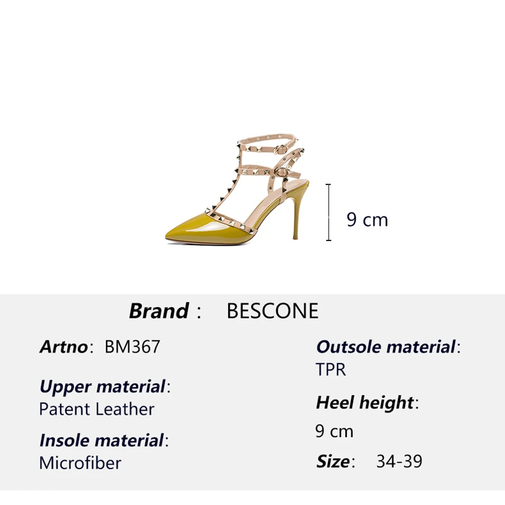 

BESCONE Fashion Ladies Pumps Rivet Decoration Pointed Toe Thin Heel Shoes Women High Quality Patent Leather Dress Pumps BM367