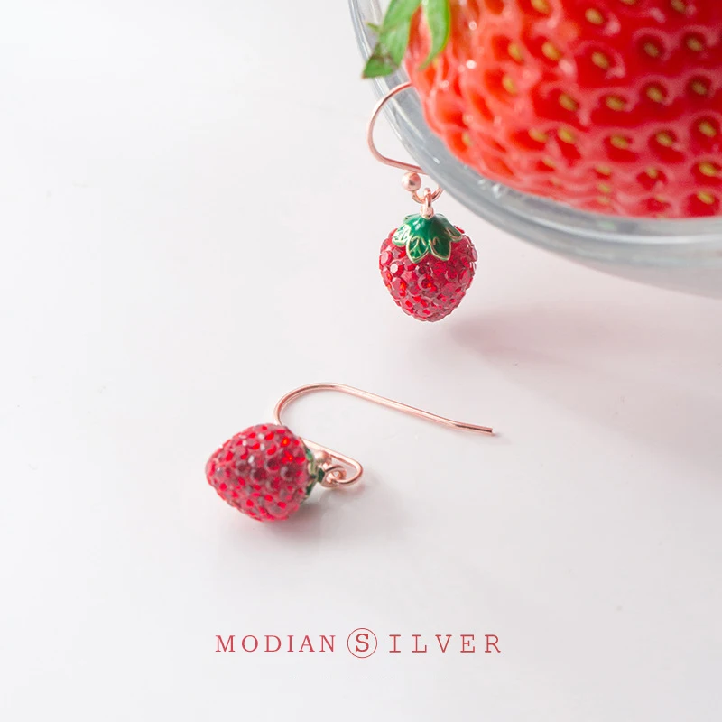 Modian Bright Crystal Strawberry Drop Earrings Charm Trendy Real 925 Sterling Silver Korean Dangle Earrings For Women Jewelry