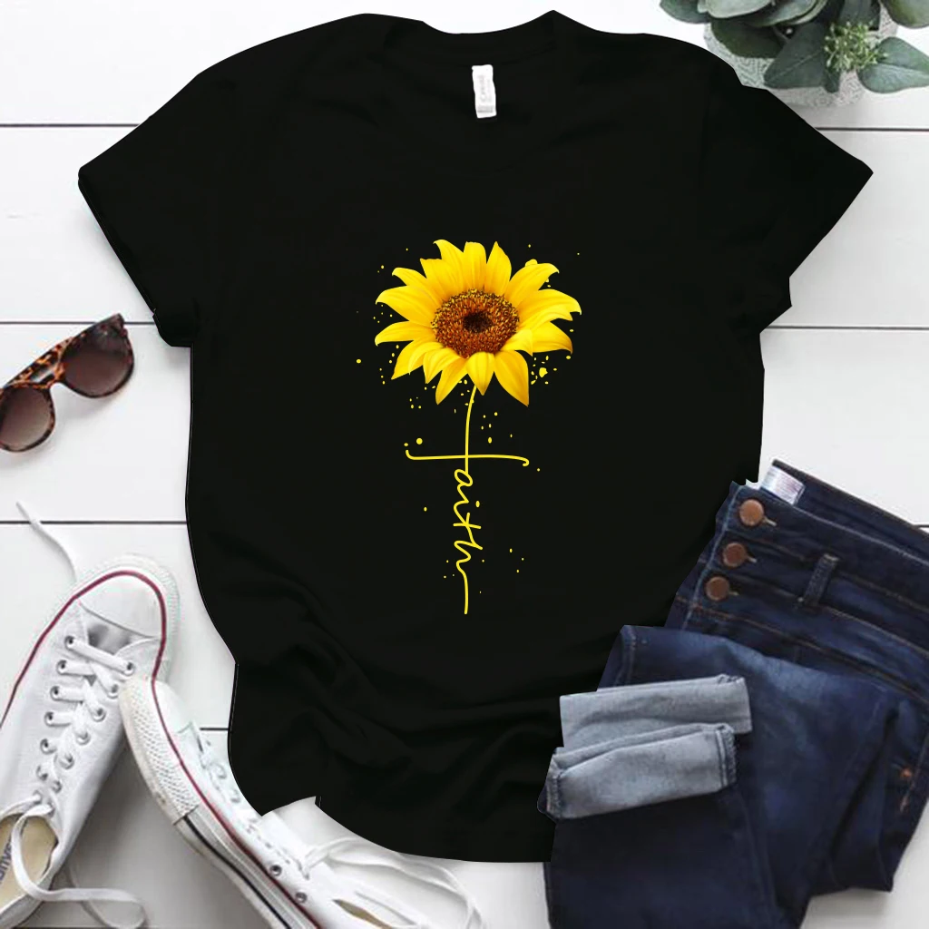 

Woman Tshirts Sunflower Print Summer Clothes F Short Sleeve Crew Neck Harajuku Femme T-Shirts Y2K Tops Eu Size