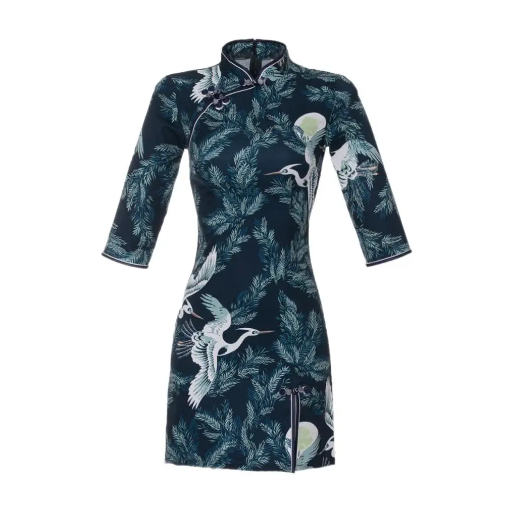 Темно-синий китайский традиционный стиль Cheongsam элегантное женское платье на пуговицах ручной работы воротник-стойка сексуальное короткое платье Размер S-XXL