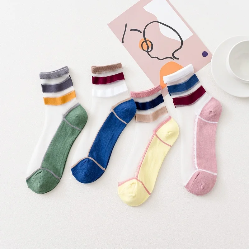 

Women's Socks 2021 Striped Glass Silk Breathable Cotton Bottom Sweat-absorbent Summer Japanese Fashion Transparent Socks