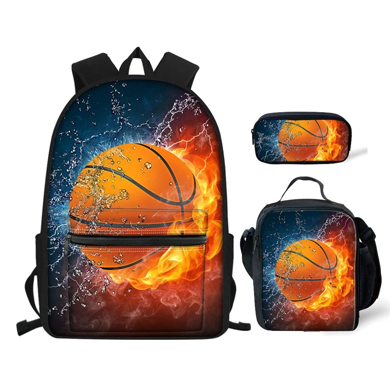 ELVISWORDS Ice Fire Basketball Printed Children School Bags for Boys Student Book Bag Kids Backpack Set Teenager Laptop Bagpacks