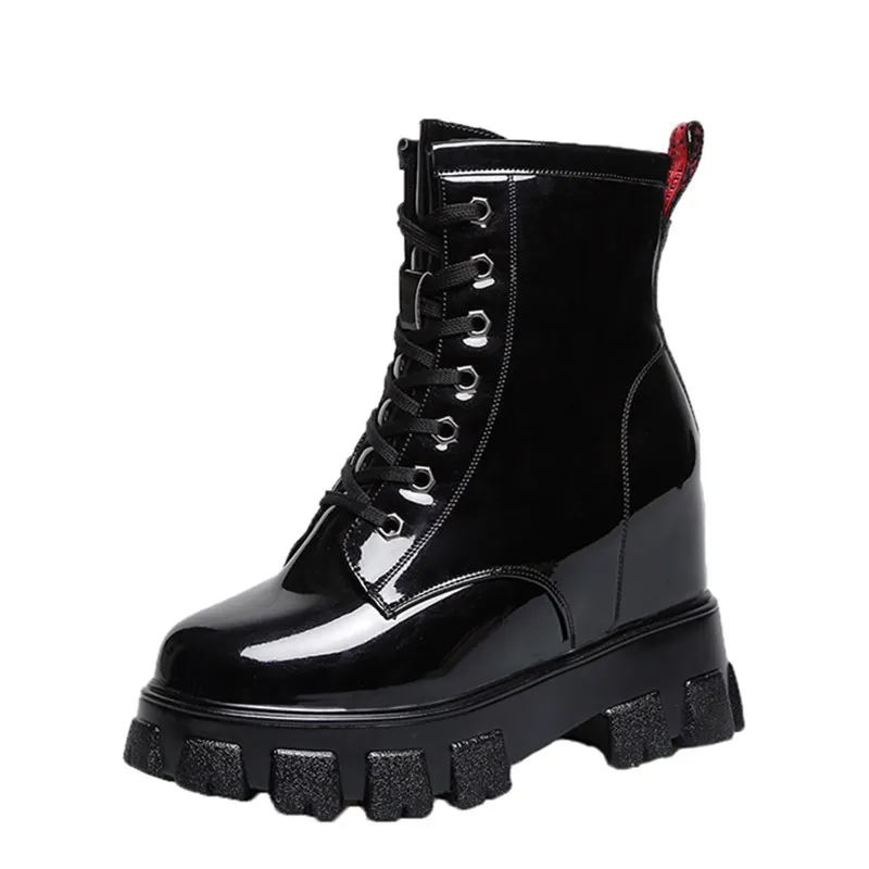 

Winter Platform Boots Women Shoes Autumn Warm Fur Combat Ankle Boots Patent Leather Boots 8CM Wedge Heels Ladies Chunky Sneakers