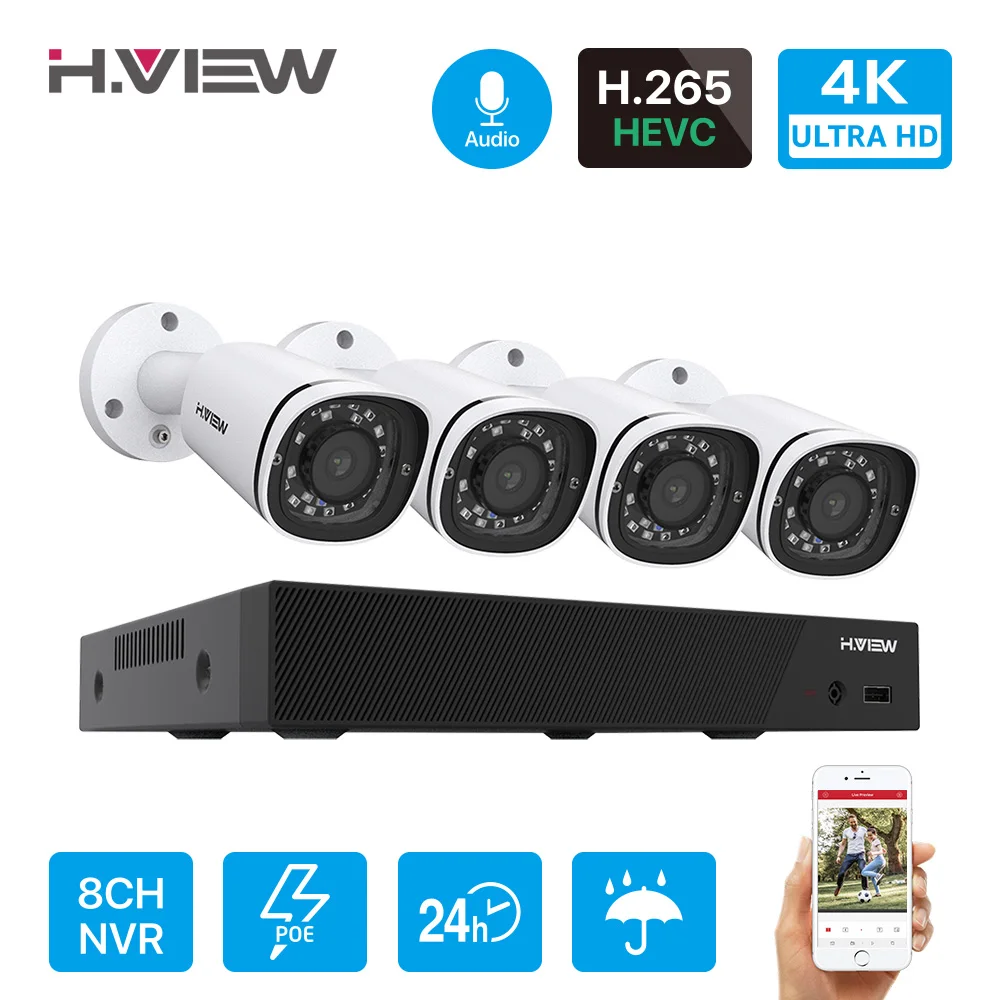 H.View сверхвысокой четкости 4K Ultra HD Poe IP Камера комплект 8CH видеонаблюдения s Системы