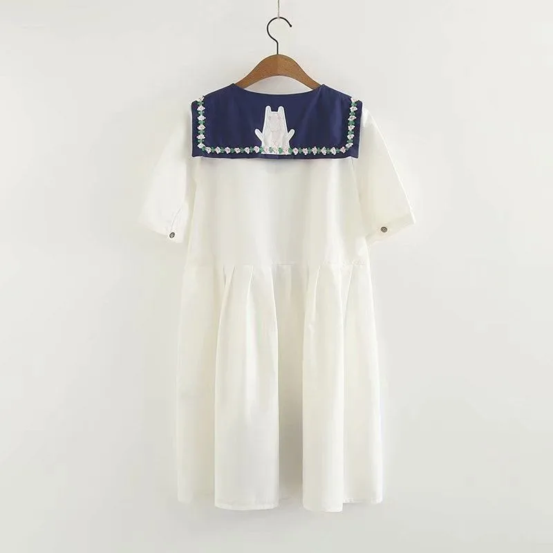 

QWEEK Mori Girls Navy Sailor Collar Dress Women 2021 Sundress Japanese Sweets Kawaii Cute Short Sleeve Dress Cute Cat Embroidery