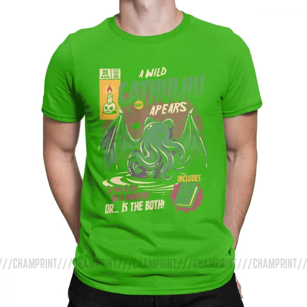A Wild Cthulhu, футболки для мужчин, чистый хлопок, Повседневная футболка, кот, монстр, череп, Мультяшные топы, Милые Забавные футболки, Новое поступление - Цвет: Зеленый