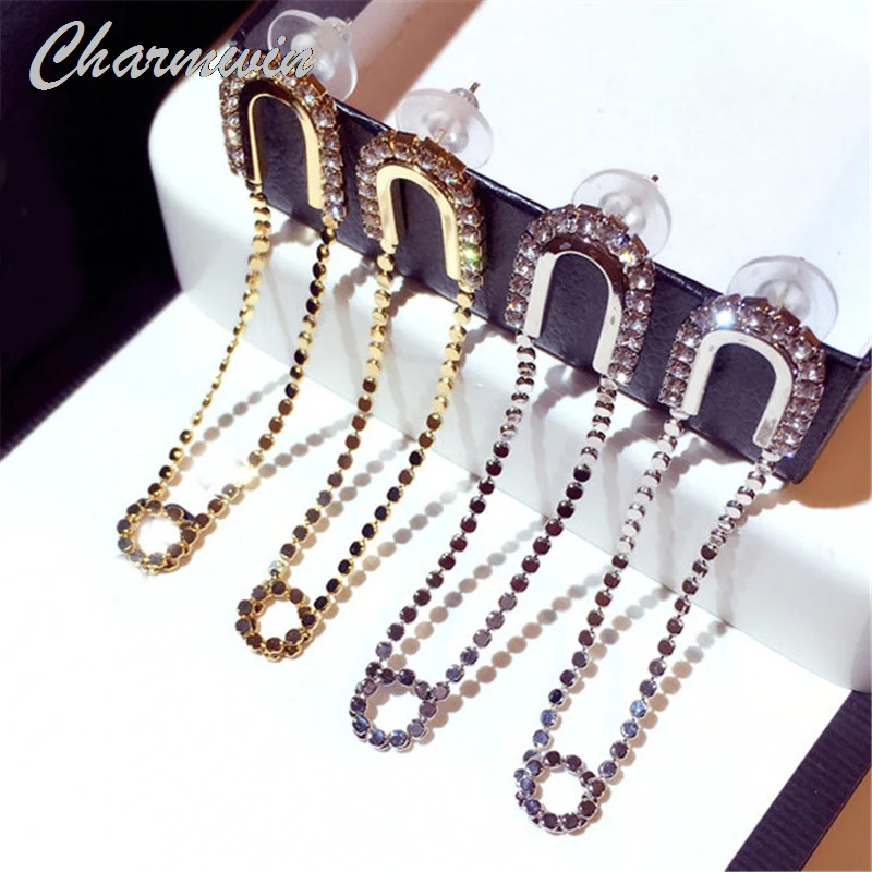 

New Korean Dangle Earrings Long Earrings For Women Gold And Silver Color Rhinestone Dorp Earrings Female