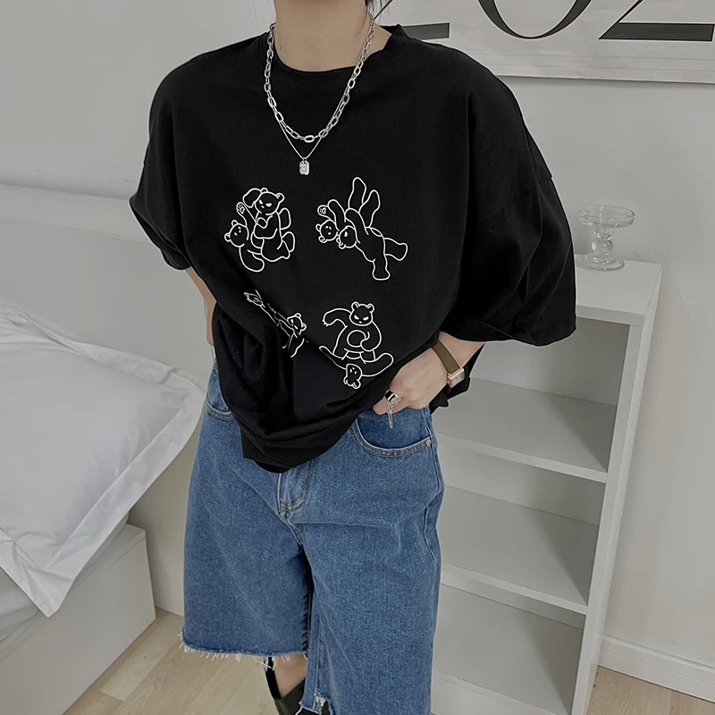 

Cute Cartoon Wrestling Bear T-shirt Women Summer 2021 New Harajuku Kawaii Comics Tops Female Plus Size Pure Cotton T-shirt Mujer