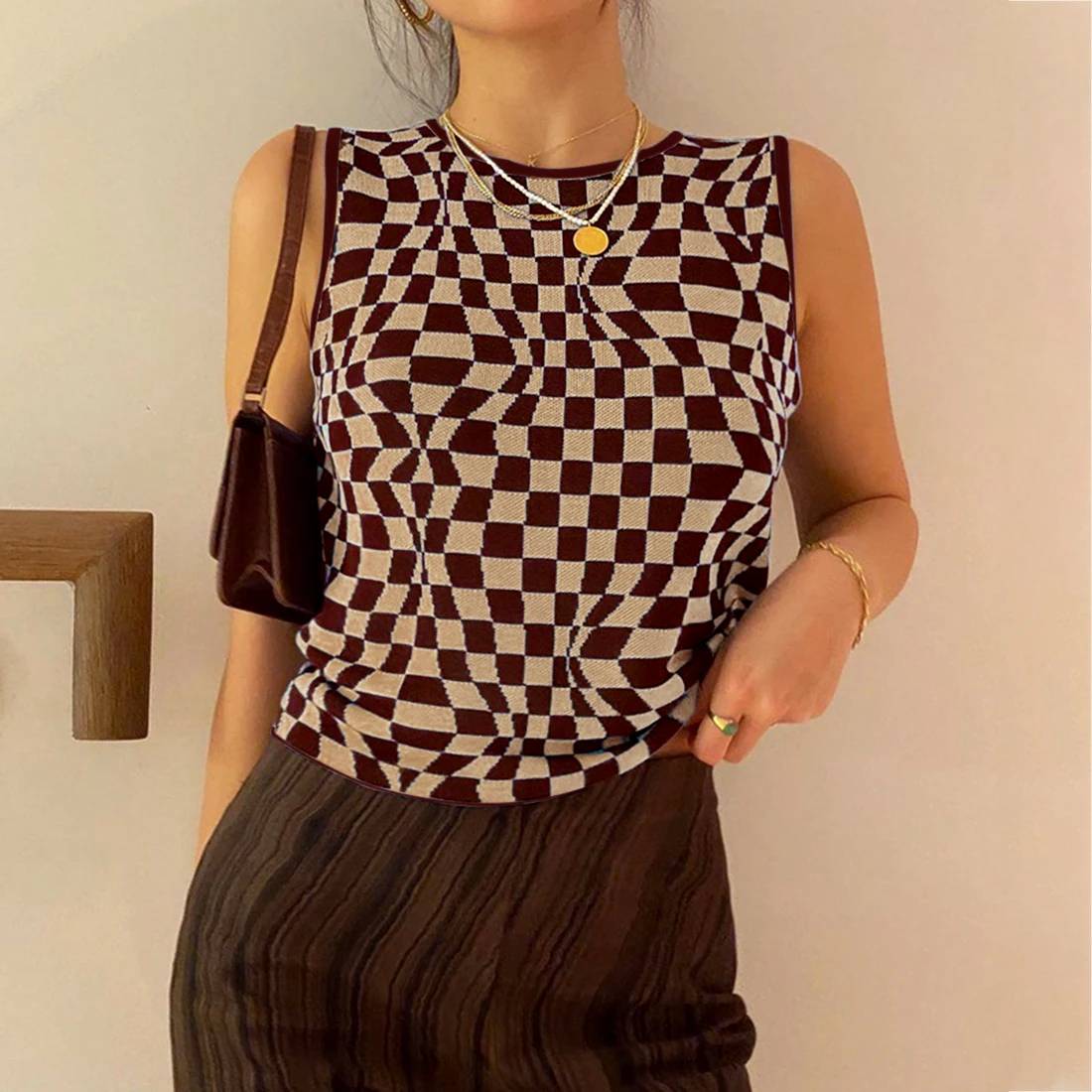 

Plaid Printed Y2K Knitted Women's Tank Tops Summer Harajuku Vintage Crop Tee Streetwear Aesthetic Cute Shirts 2021