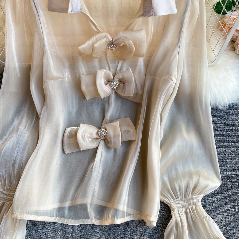 

2021 Spring and Summer Thin Transparent Mesh Top Lapel Puff Sleeve Bow Buckle All-Match Women's Chiffon Shirt Blouse