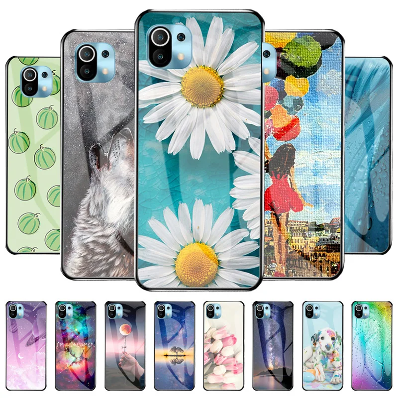 

Protective Cases For Xiaomi Mi 11 Case Tempered Glass Shell For Xiaomi Mi11 6.81 inch Cartoon Painted Back Cover Fundas