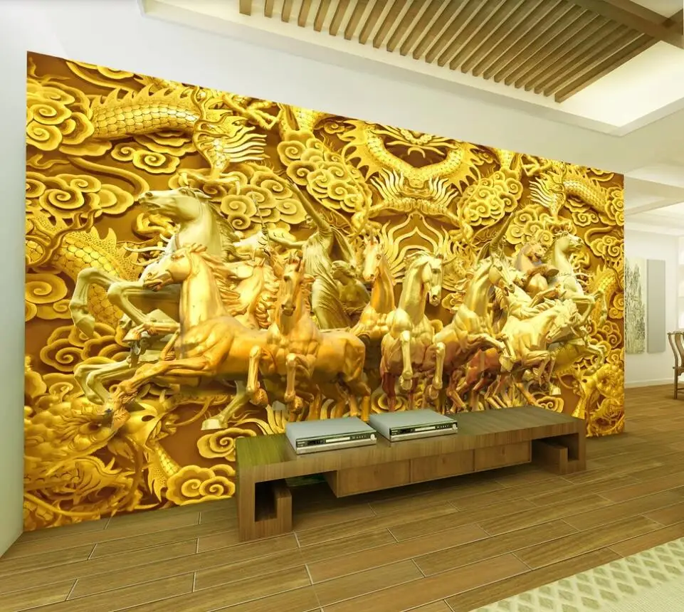 

Custom 3 wallpaper mural gold dragon and eight horses golden horse bedroom living room background wall