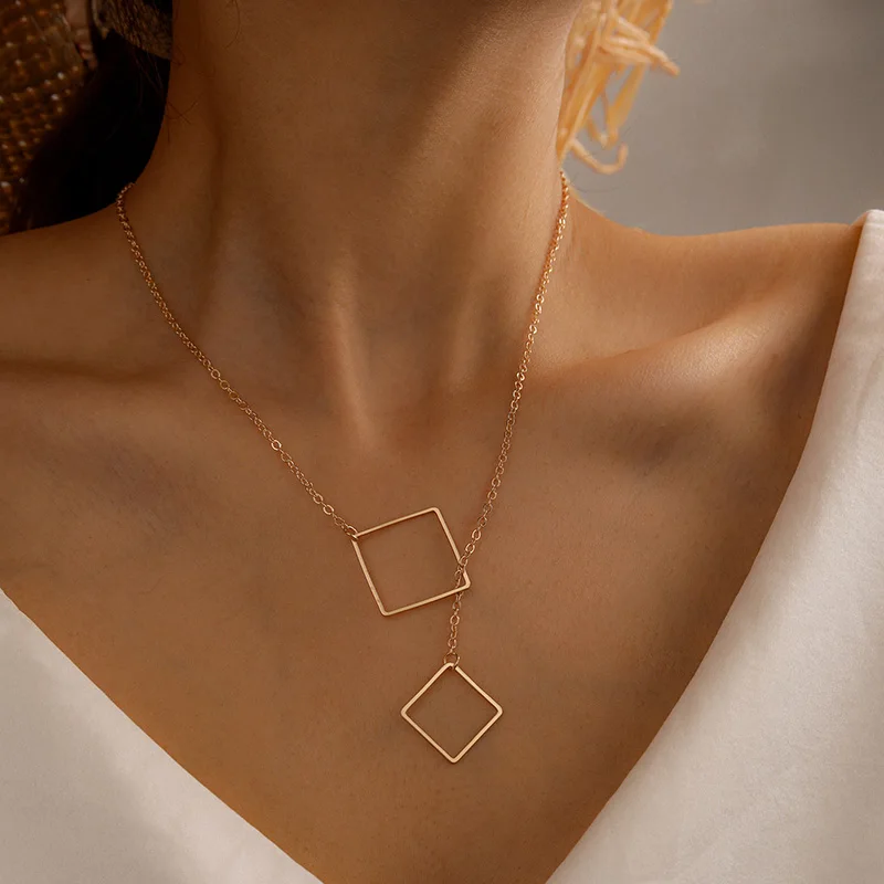 

HuaTang Simple Design Hollow Square Pendant Necklace for Women Geometric Metal Clavicle Chain Female Summer Jewelry Accessories