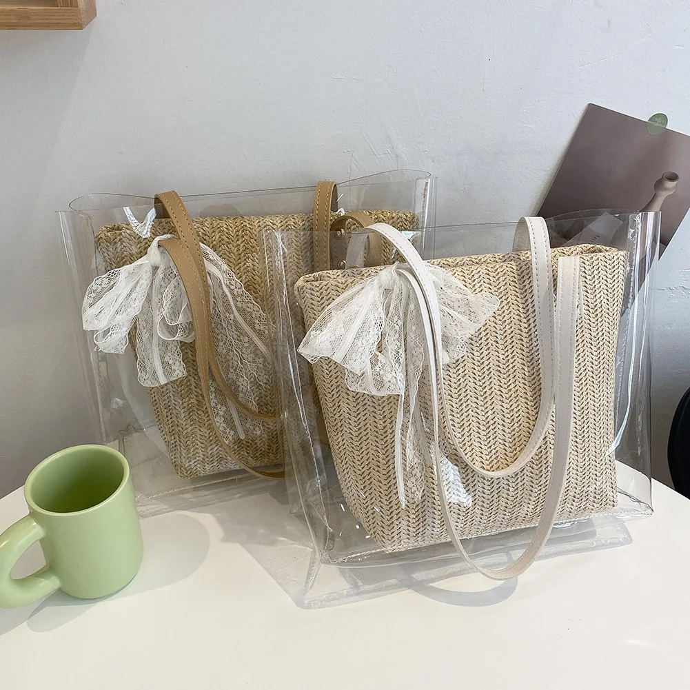 

2021 Summer Straw Women Clear PVC Shopper Tote Shoulder Bag Ladies Handbags Beach Lace Large Capacity Pouch 2pcs Composite Bags