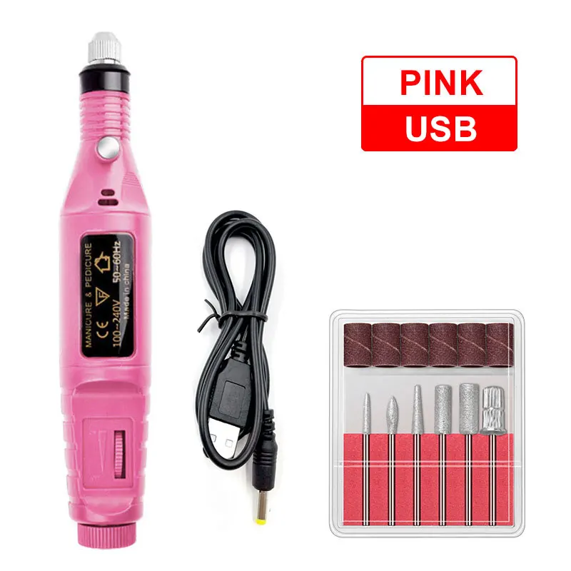 pink USB Профессиональный электрический набор для маникюра, маникюрный маникюр с полировкой, электрическая ручка для маникюра, Педикюр с 6 битами, инструменты для маникюра - Цвет: pink USB