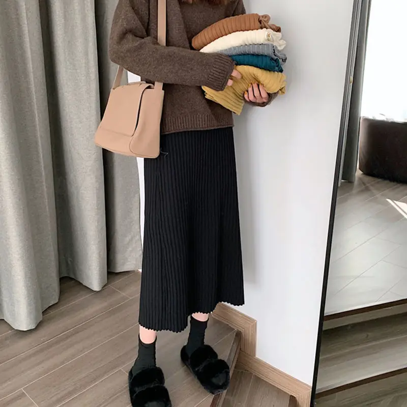 

Women Elegant Classic Solid Quality Midi Skirt Vintage Side Zipper Office Ladies Elegant Chic A-line Knitting Skirts W57