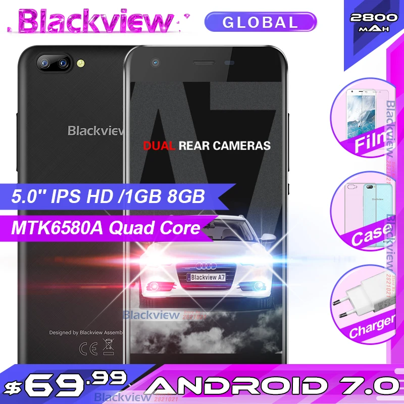 Blackview A7 5 0 ''MTK6580A четырехъядерный Android 7 смартфон 1GB 8GB Dual SIM 3G мобильный телефон