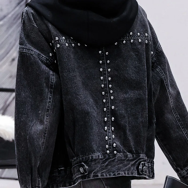 

Spring Autumn Short Denim Jacket Women Coat Loose Rivet Black Jeans Jacket Female Harajuku Big Pocket Batwing Sleeve Outerwear