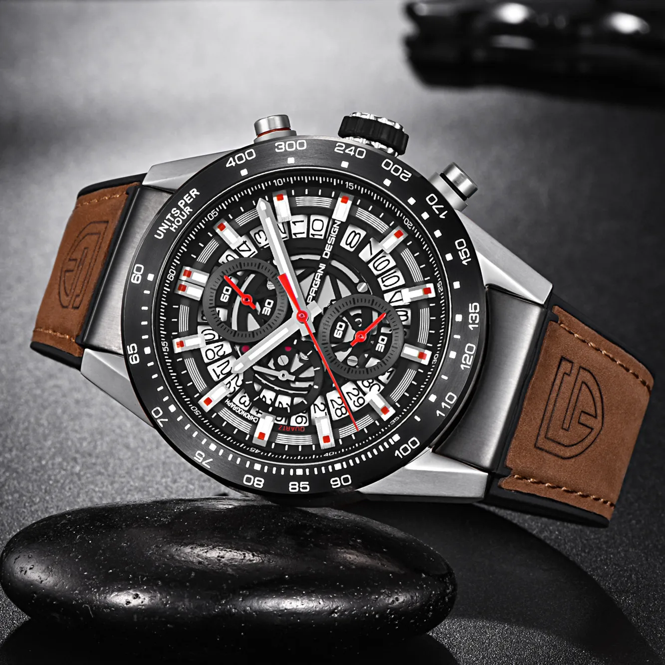 Часы-хронограф мужские Кварцевые водонепроницаемые с кожаным ремешком |