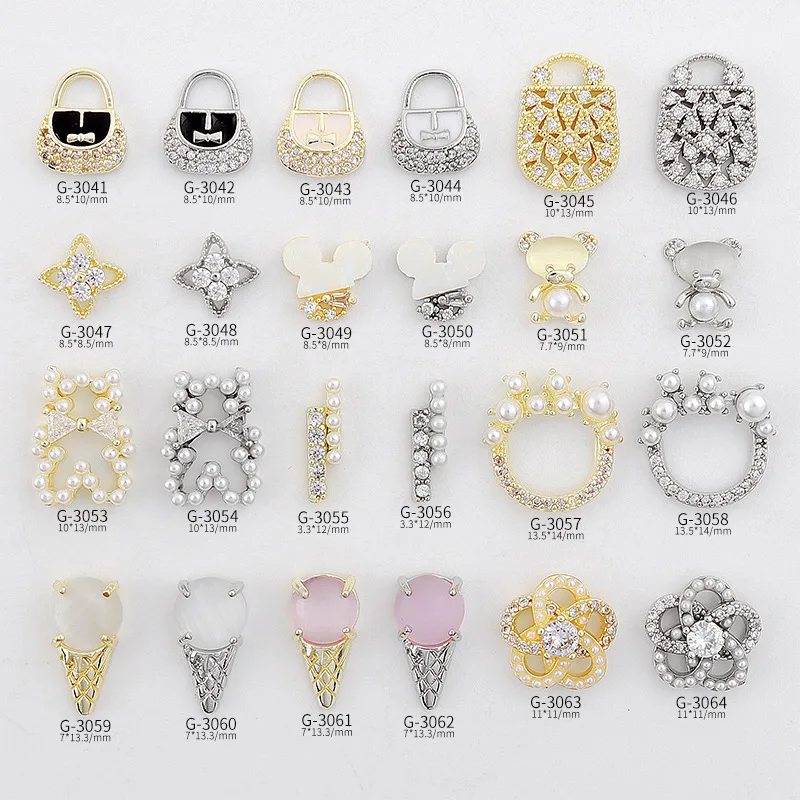 

New Nail Art Real Gold Jewelry Ink Bag Cute Pearl Bear Head Cat Eye Ice Cream Decoration G-3041 Nail Decoration